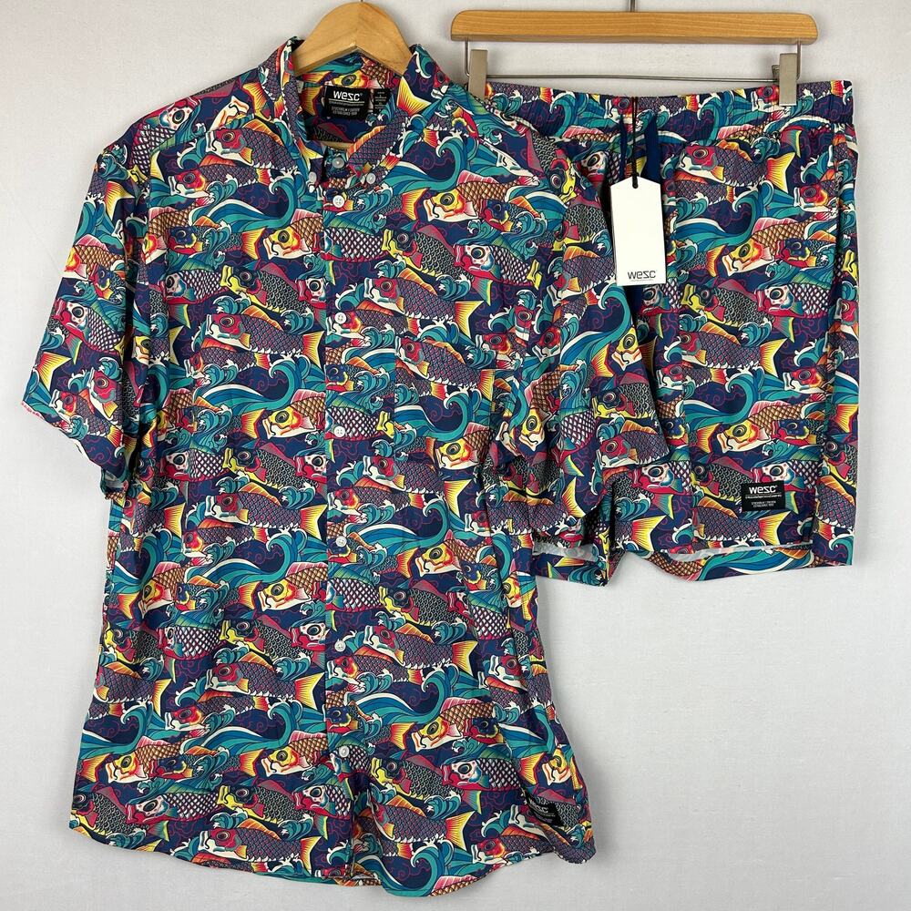 WeSC Mens Koi Waves AOP Oden Short Sleeve Shirt Austin Shorts 2 Piece Set Size L